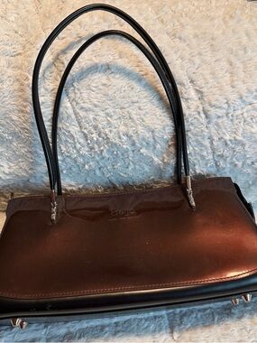 Beijo Brown Glossy Shoulder Bag with Black Handles